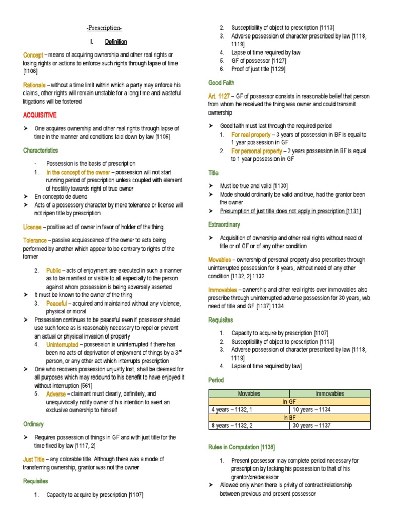 Prescription Notes PDF Statute Of Limitations Adverse Possession