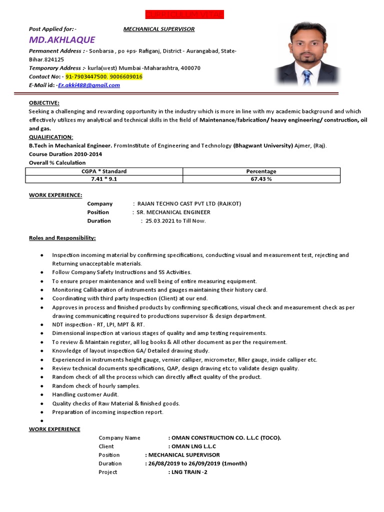 Mechanical Supervisor PDF