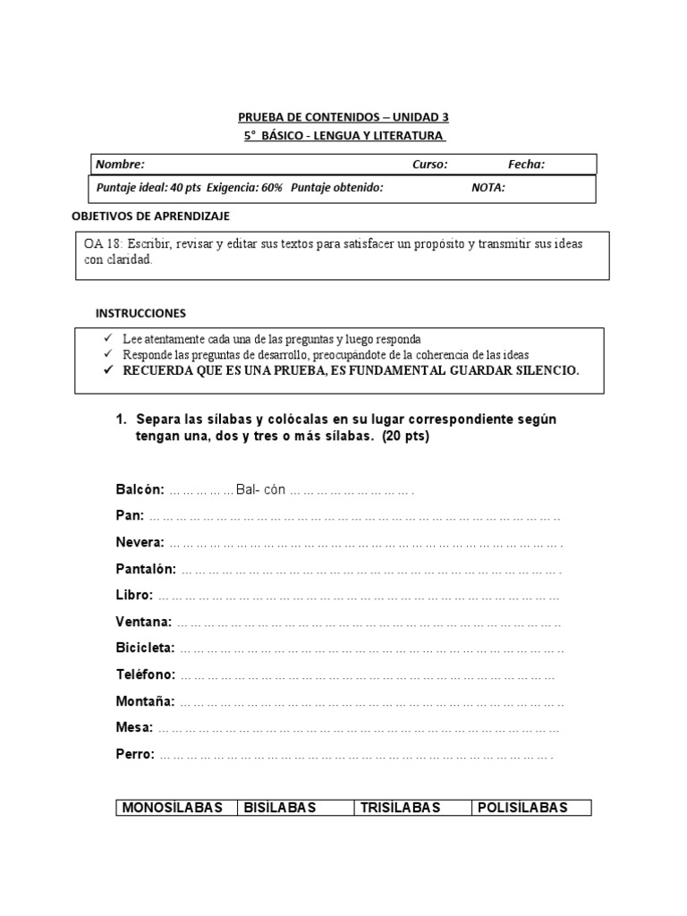 Prueba de Lengua y Literatura 5° Básico | PDF