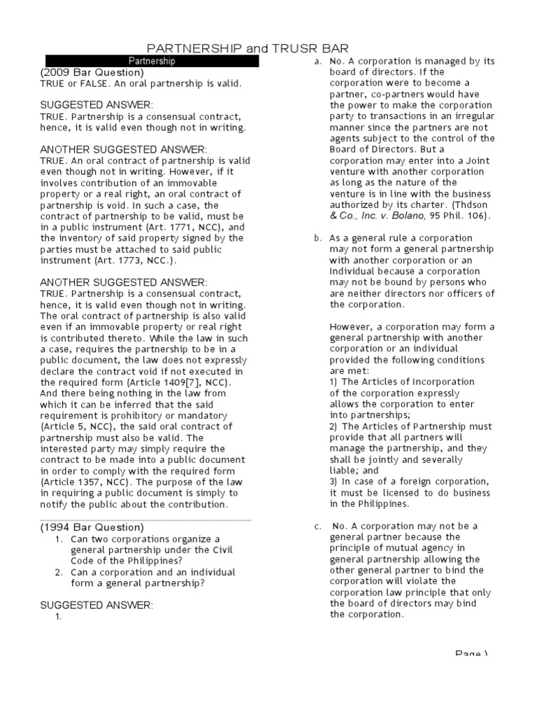 Partnership and Trust Bar Questions | PDF | Partnership | Concurrent Estate
