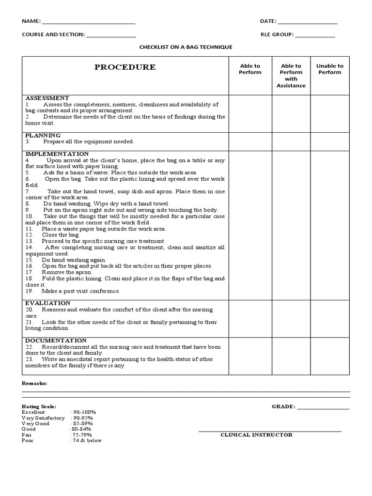 BAG TECHNIQUE CHECKLIST Compressed | PDF | Hand Washing | Nursing