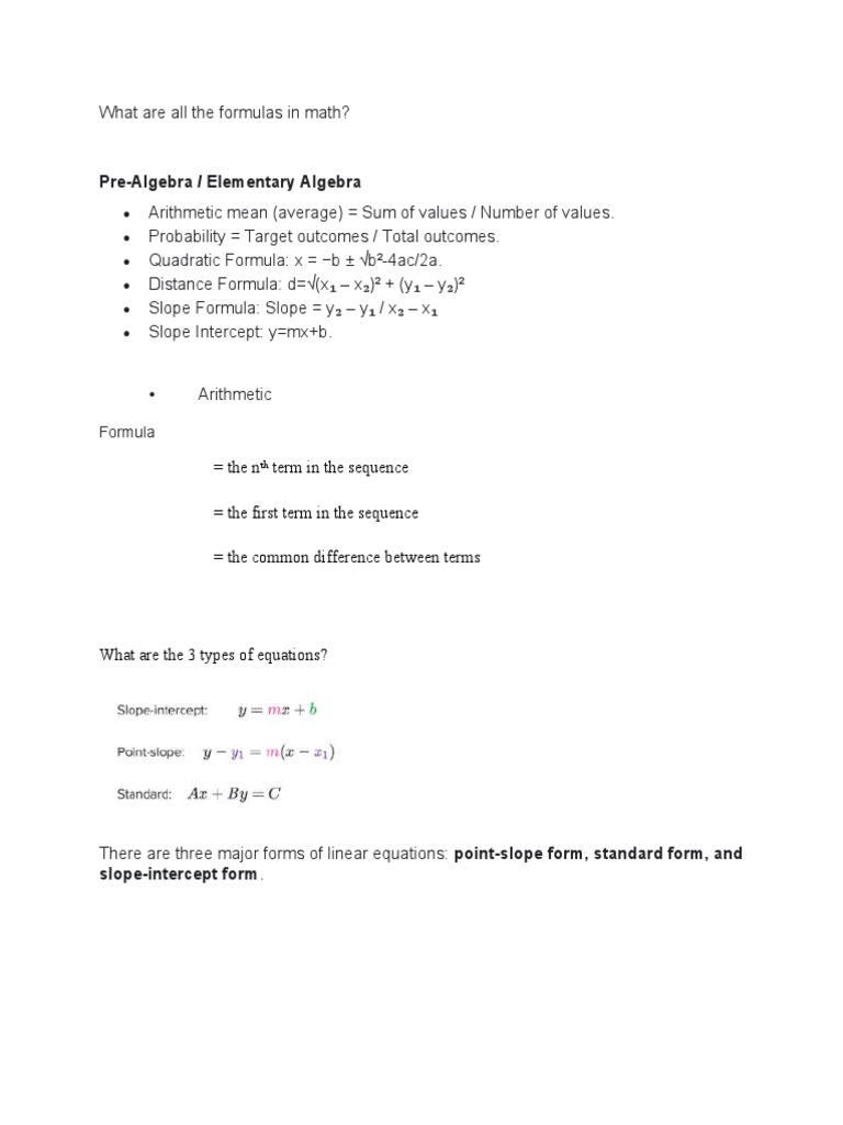 What Are All The Formulas in Math | PDF