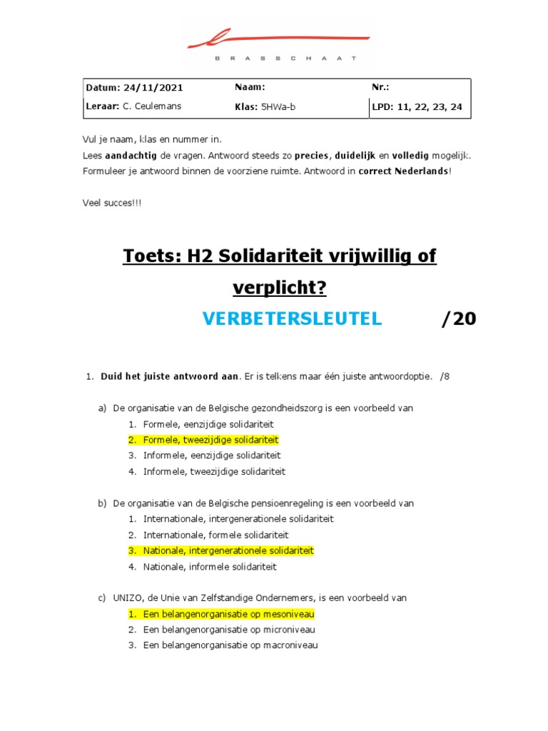 Toets Hoofdstuk 2 - 2021-22 - Verbetersleutel | PDF