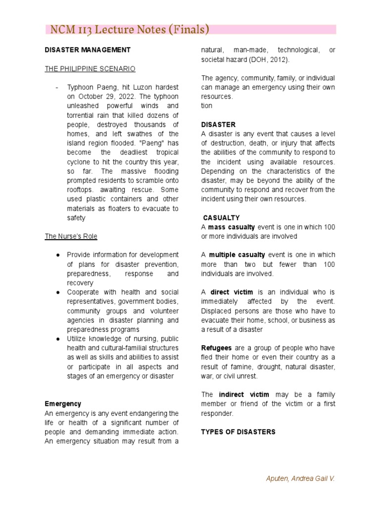 NCM 113 Lecture Trans (Finals) | PDF | Emergency Management | Emergency ...
