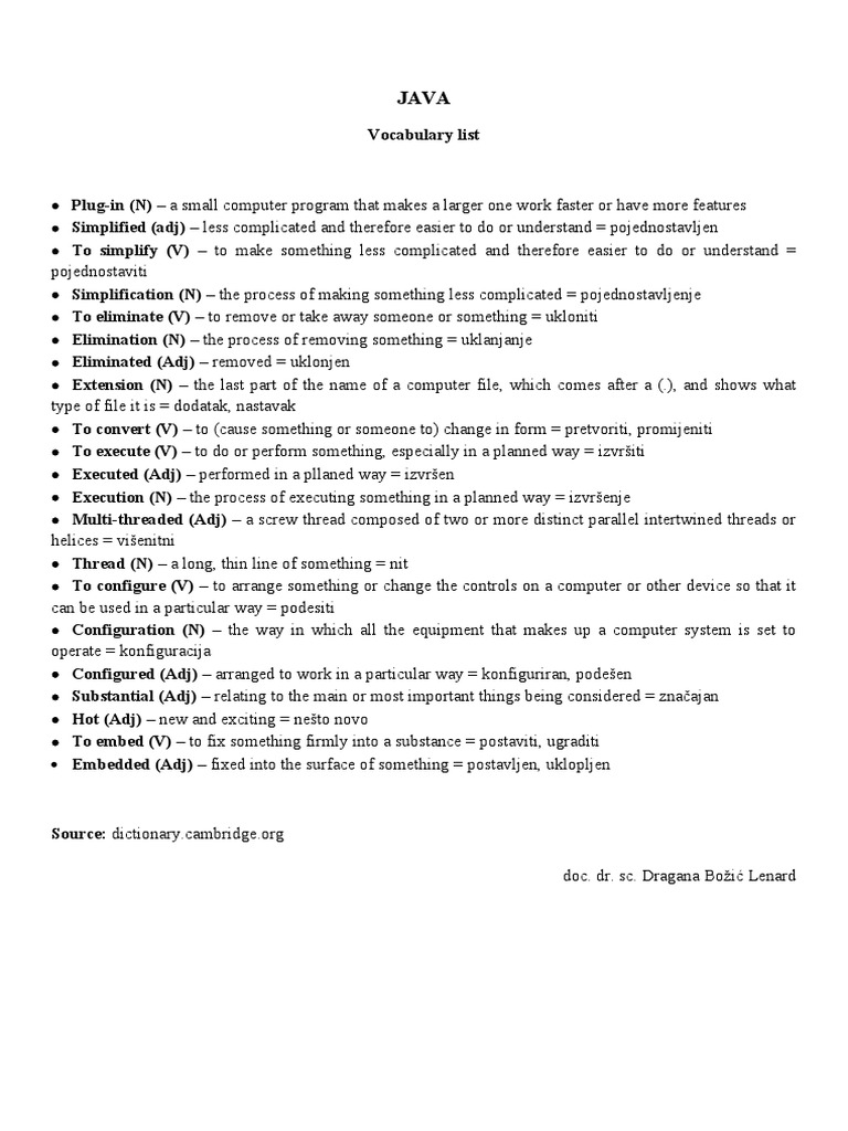 Java Vocabulary and Definitions | PDF | Teaching Methods & Materials ...