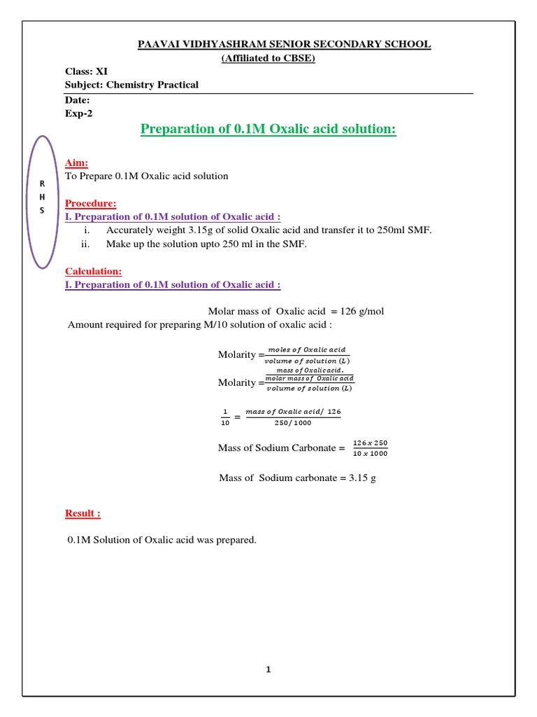Preparation of 0.1M Oxalic Acid Solution PDF