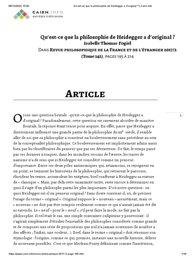 Qu Est Ce Que La Philosophie De Heidegger A D Original Cairn Info
