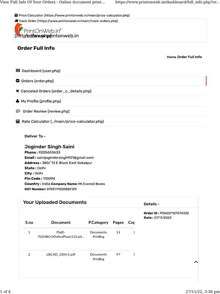 View Full Info of Your Orders Online Document Printing Service PDF