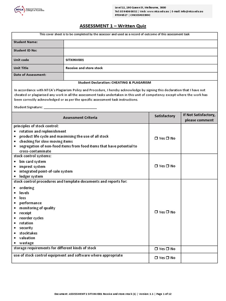 Assessment 1 sitxinv001 receive and store stock pdf