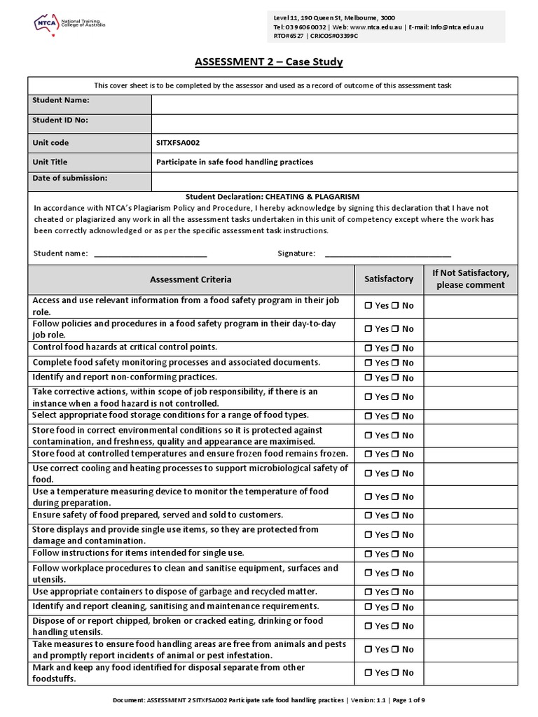 ASSESSMENT 2 SITXFSA002 Participate Safe Food Handling Practices | PDF ...