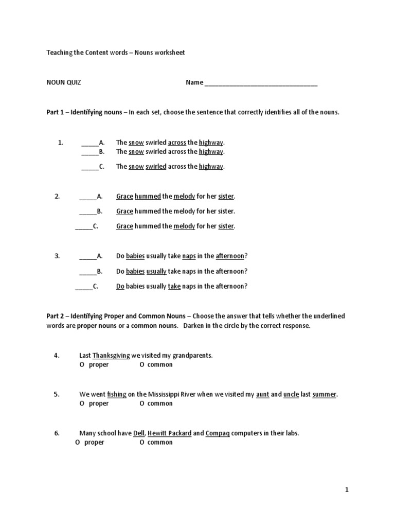 Teaching The Content Words. Nouns Worksheet. | PDF | Morphology | Grammar