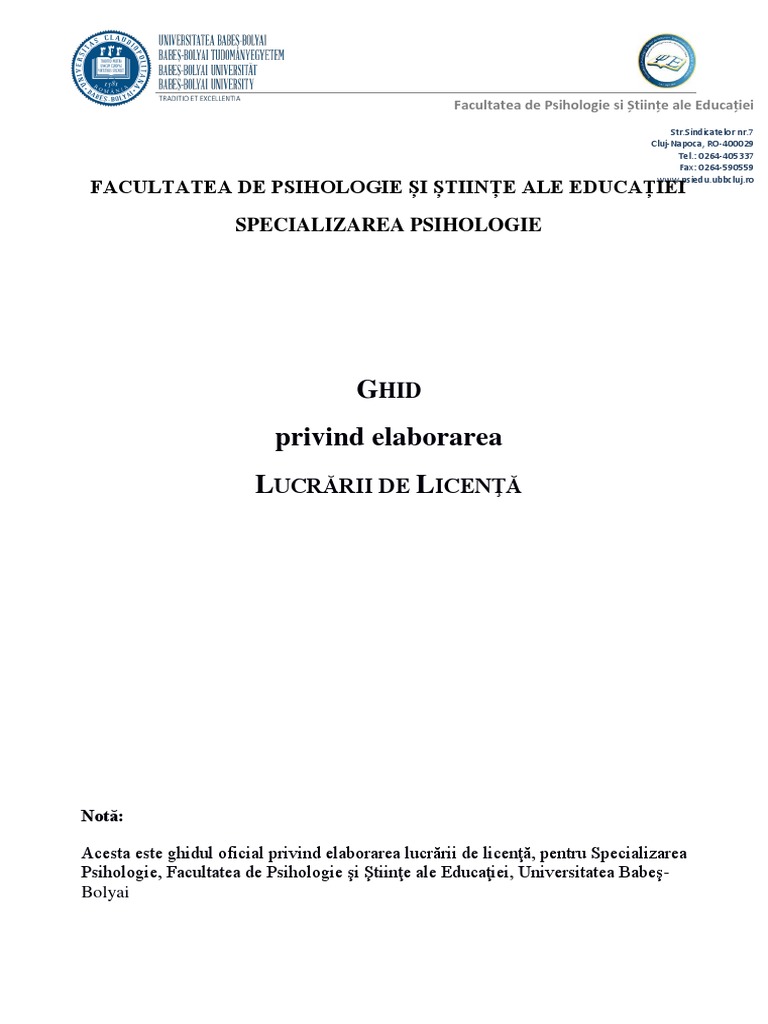 Lucrare De Licenta Psihologie Ghid Elaborare Lucrare de Licenta Fpse Ubb Psihologie An Universitar