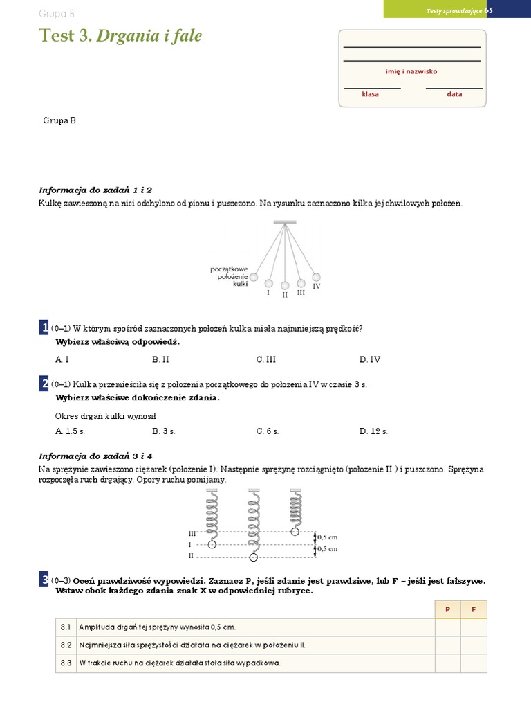 Fizyka Klasa 8 Nowa Era Fizyka 8ab Test Sprawdzajacy Drgania I Fale Grupa B | PDF