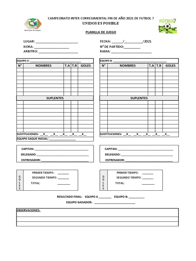 Planilla De Juego Futbol 7 Pdf