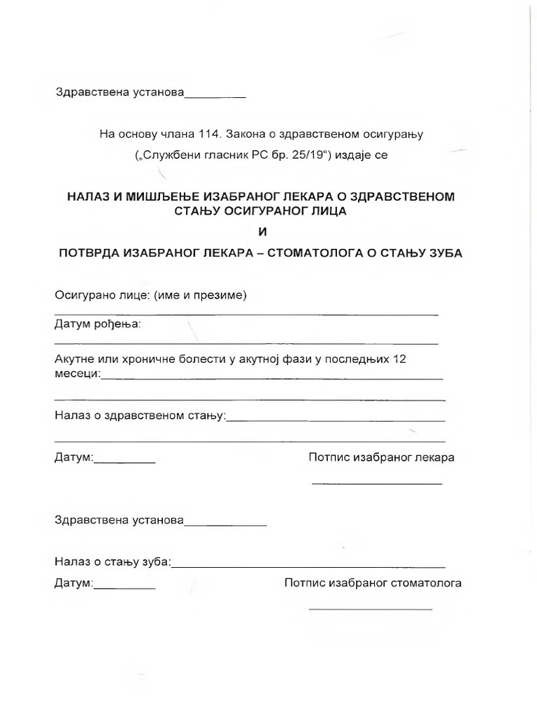 Potvrda o Zdravstvenom Stanju PDF