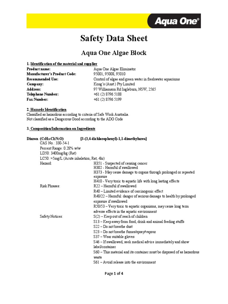 MSDS Aqua One Algae Block PDF Toxicity Firefighting