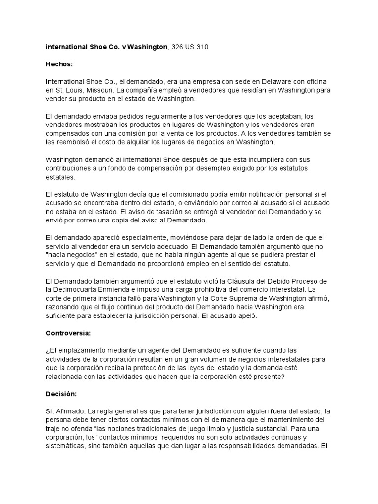 International Shoe Co. V Washington PDF Corporaciones Estado