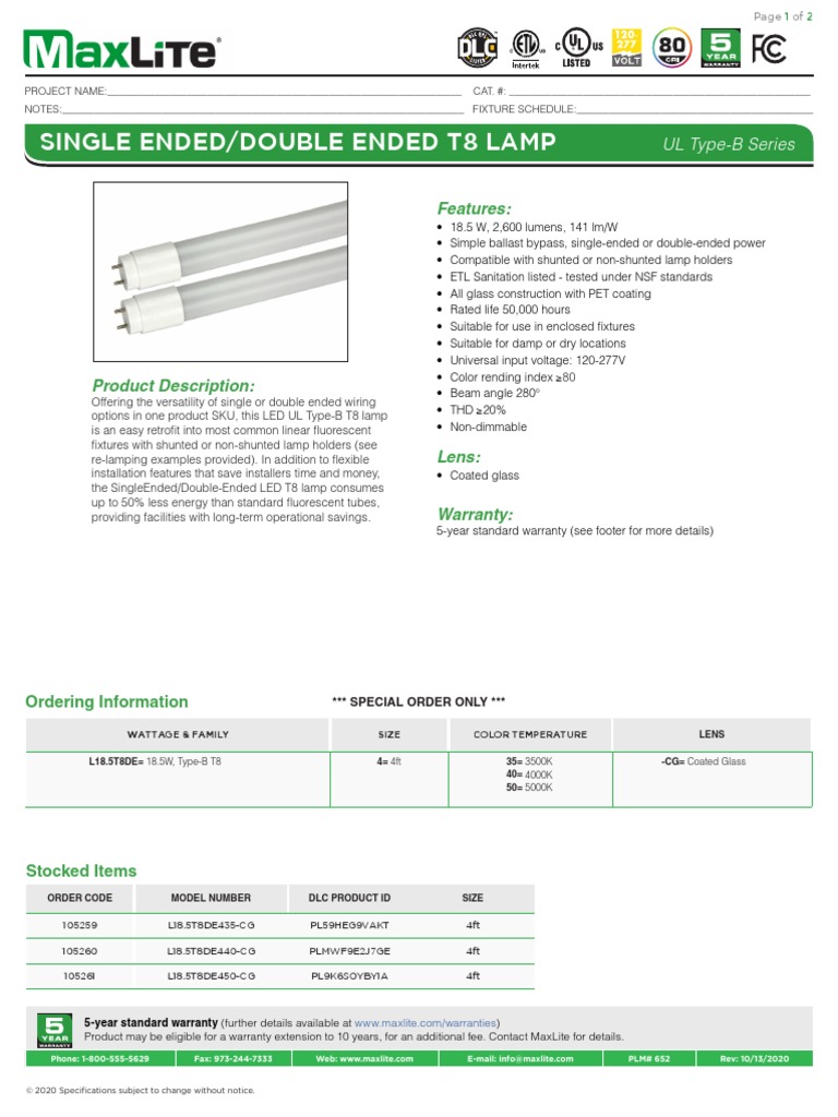 Single Ended/Double Ended T8 Lamp Features PDF Fluorescent Lamp