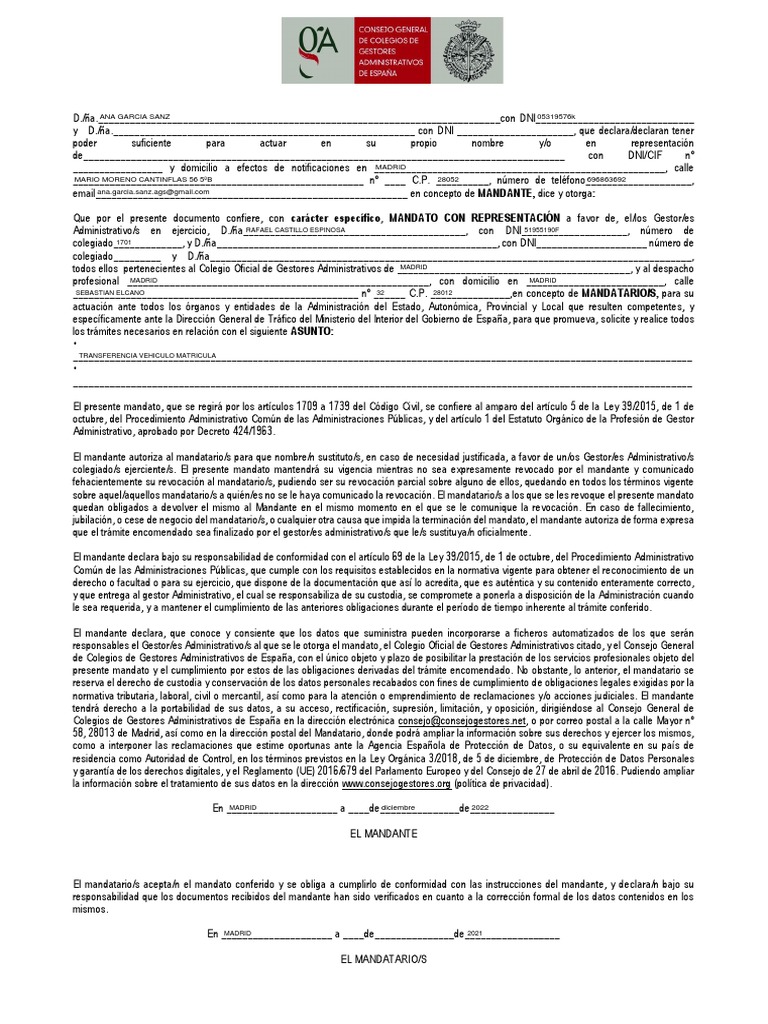 Mandato para Gestión Administrativa | PDF | Privacidad de la ...