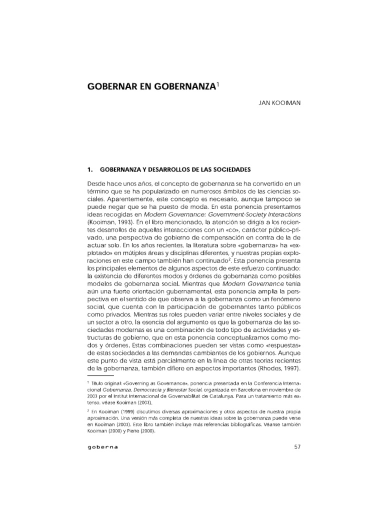 Gobernar en Gobernanza Jan Kooiman | PDF