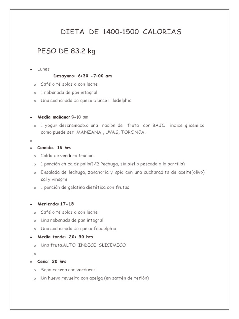 Plan de dieta 1400-1500 calorías semanal | PDF | ensalada | Alimentos