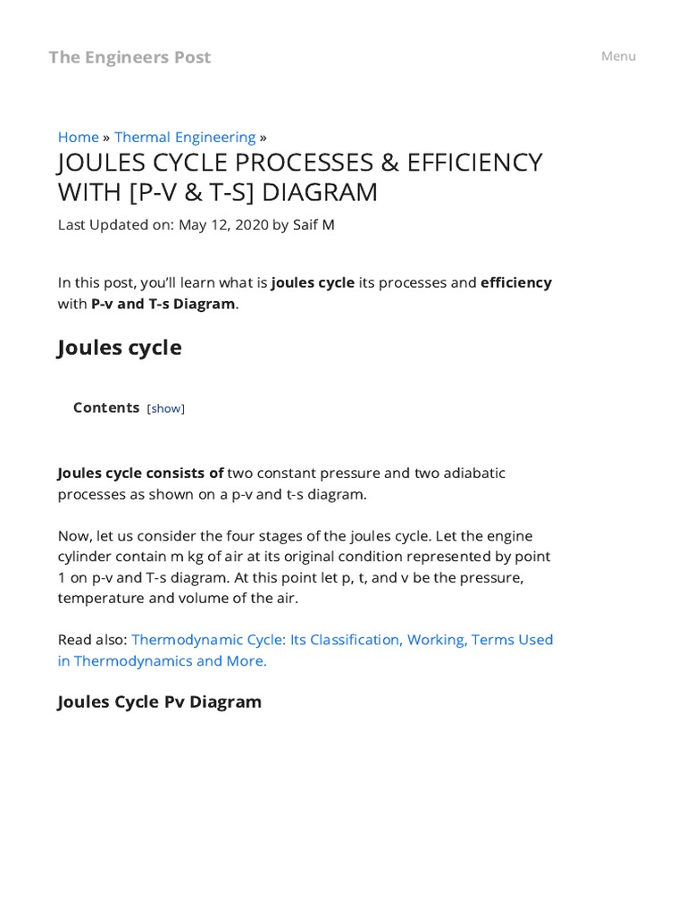 Joules Cycle Processes & Efficiency With (PV & TS) Diagram PDF