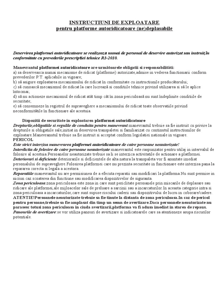 Instructiuni de Exploatare Platforma | PDF
