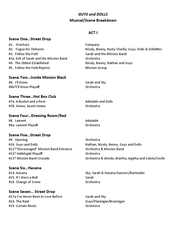 Guys N Dolls Scene Song Breakdown PDF Performing Arts