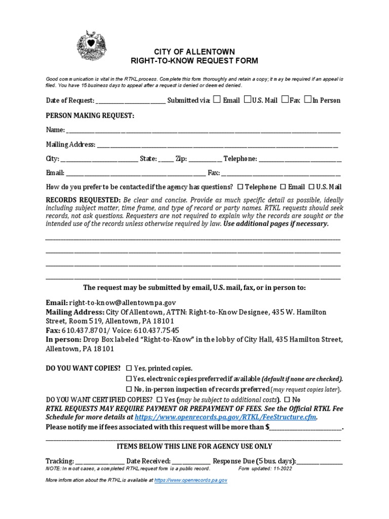 New City of Allentown Right-To-Know Request Form | PDF | United States ...