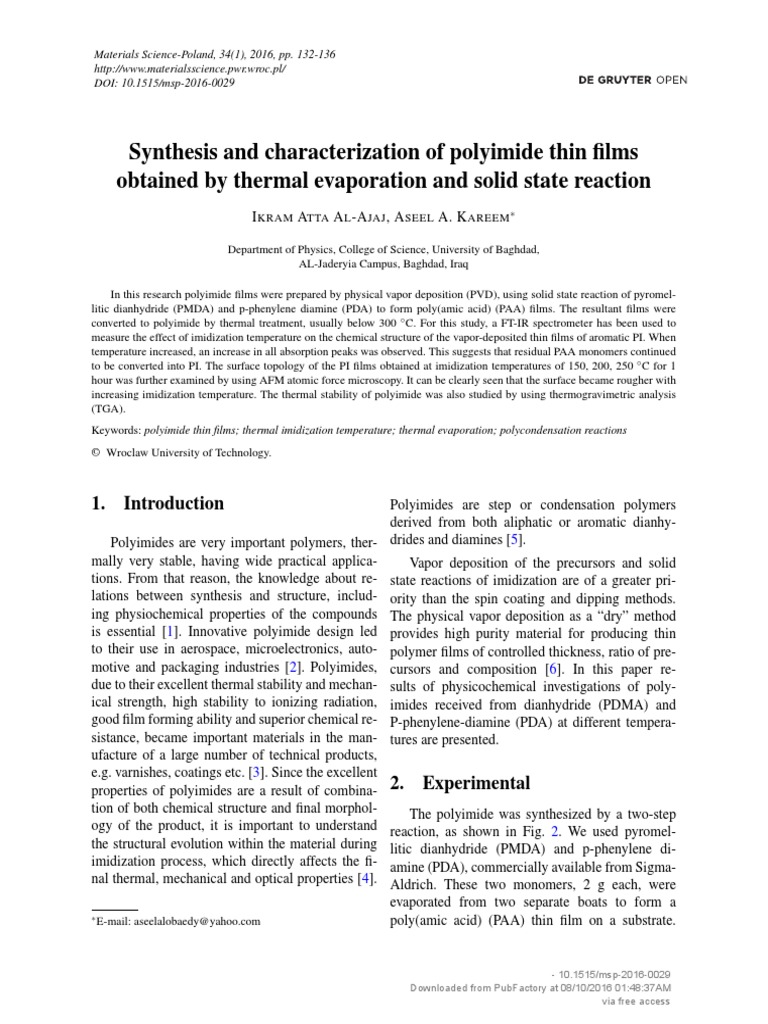 Synthesis and Characterization of Polyimide Thin F | PDF | Thin Film ...