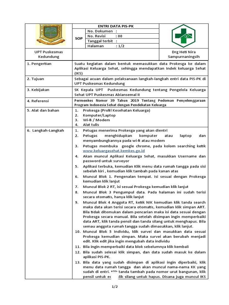 Prosedur Entri Data PIS-PK Keluarga Sehat | PDF