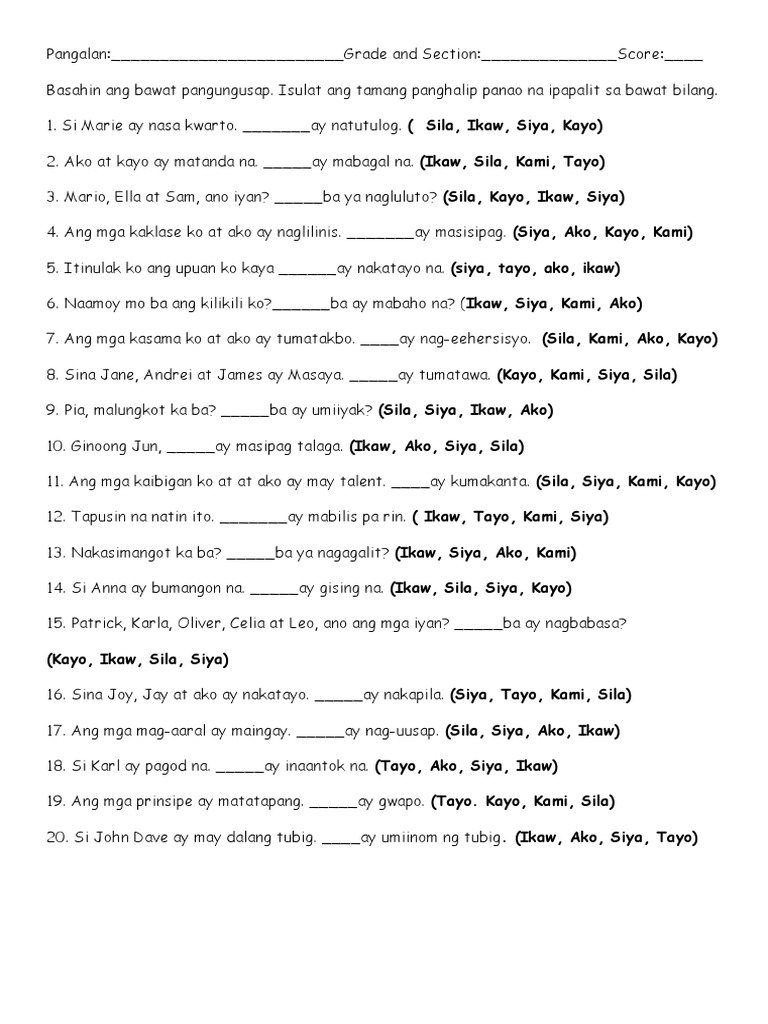 Panghalip Panao Answer Sheets | PDF