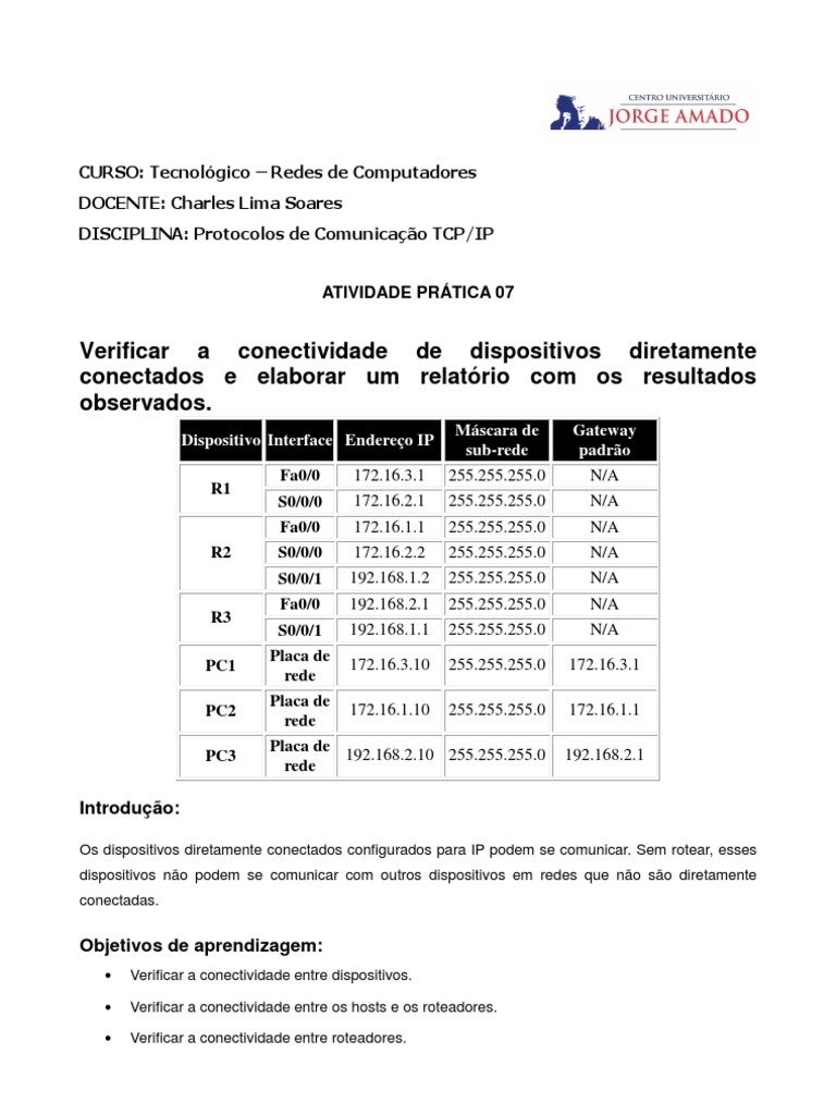 Atividade Pratica 07 | PDF | Roteador (informática) | Endereço de IP