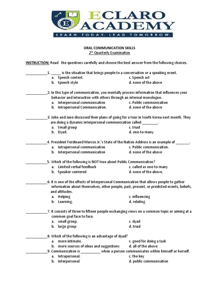 Oral Communication Skills Exam Guide | PDF | Communication | Cross ...