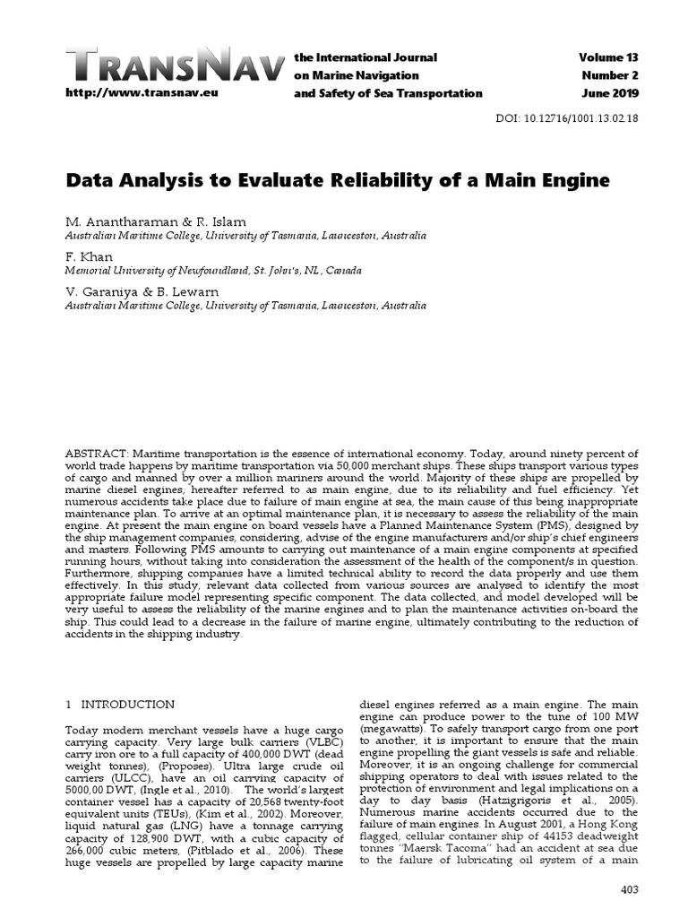 Data analysis to evaluate reliability of a main engine download free