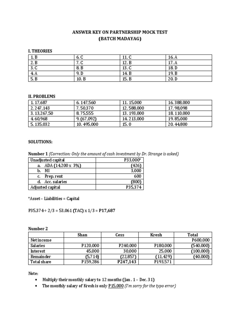 Answer key on partnership mock testx pdf book value business