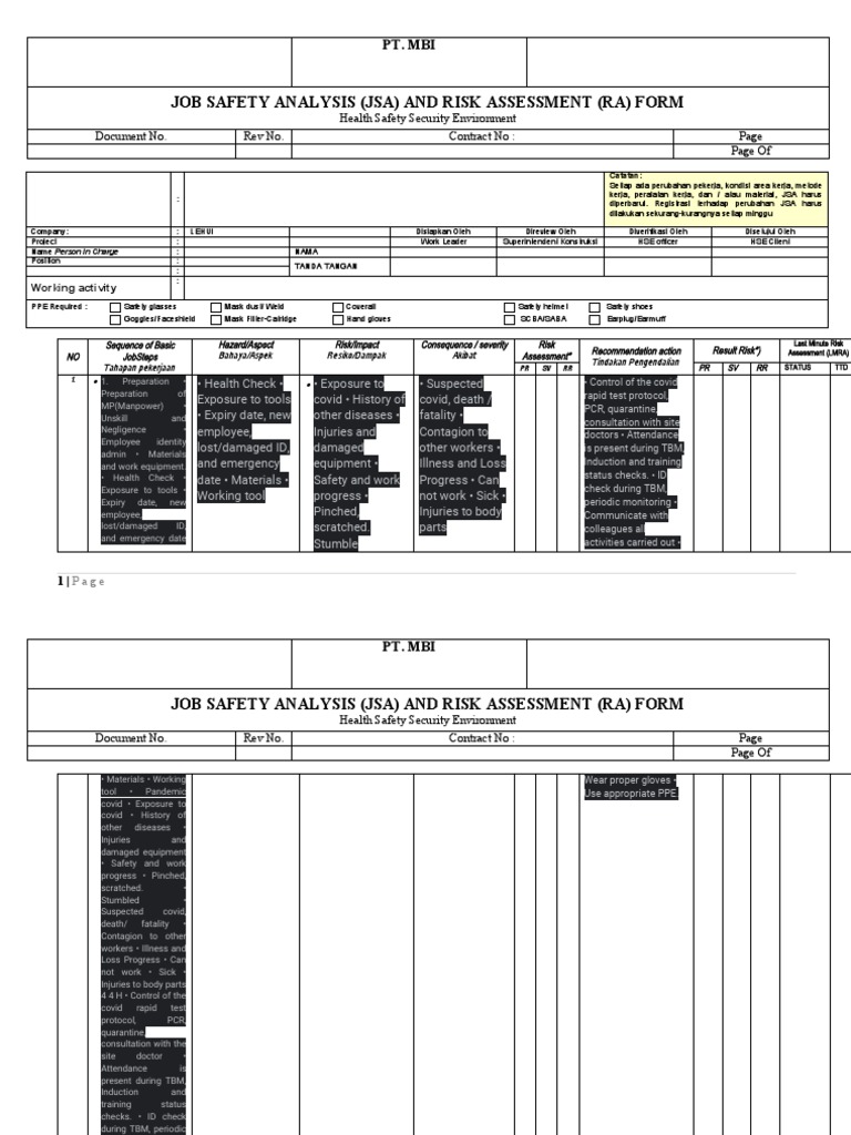 JSA and Risk Assessment Form Guide | PDF | Personal Protective ...