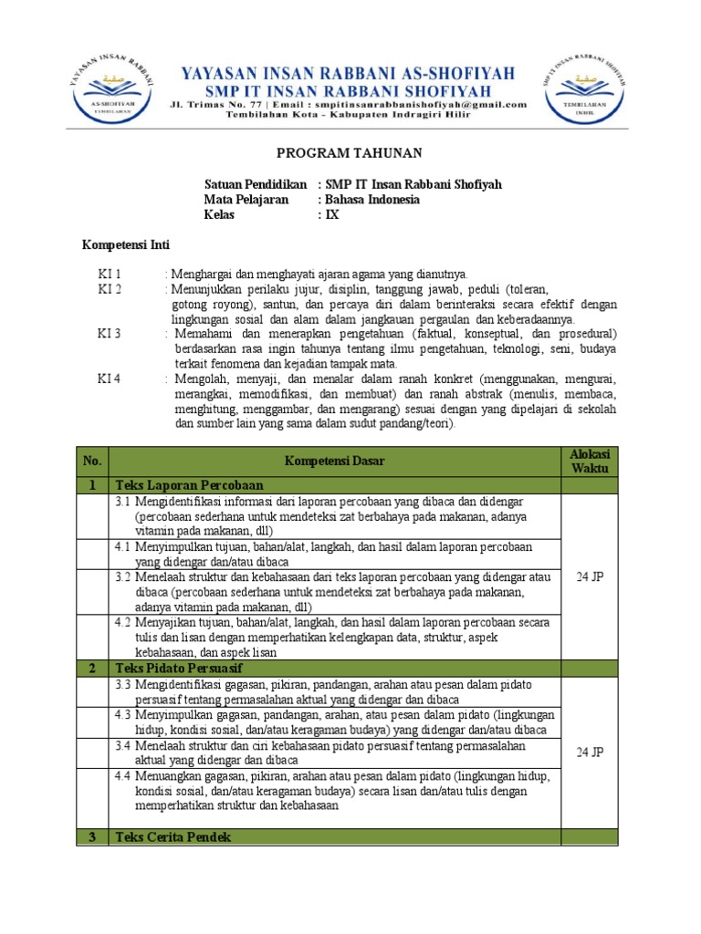 Program Tahunan Bahasa Indonesia Kelas IX | PDF