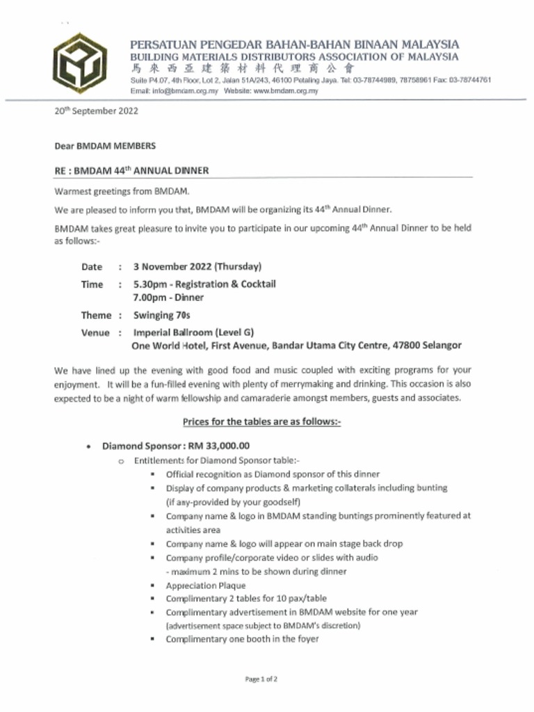 BMDAM 44th Annual Dinner - Invitation Letter | PDF