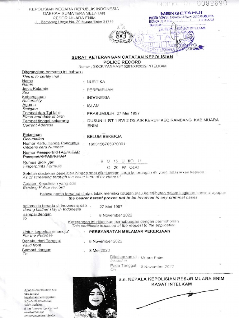 SKCK Example for Job Application | PDF