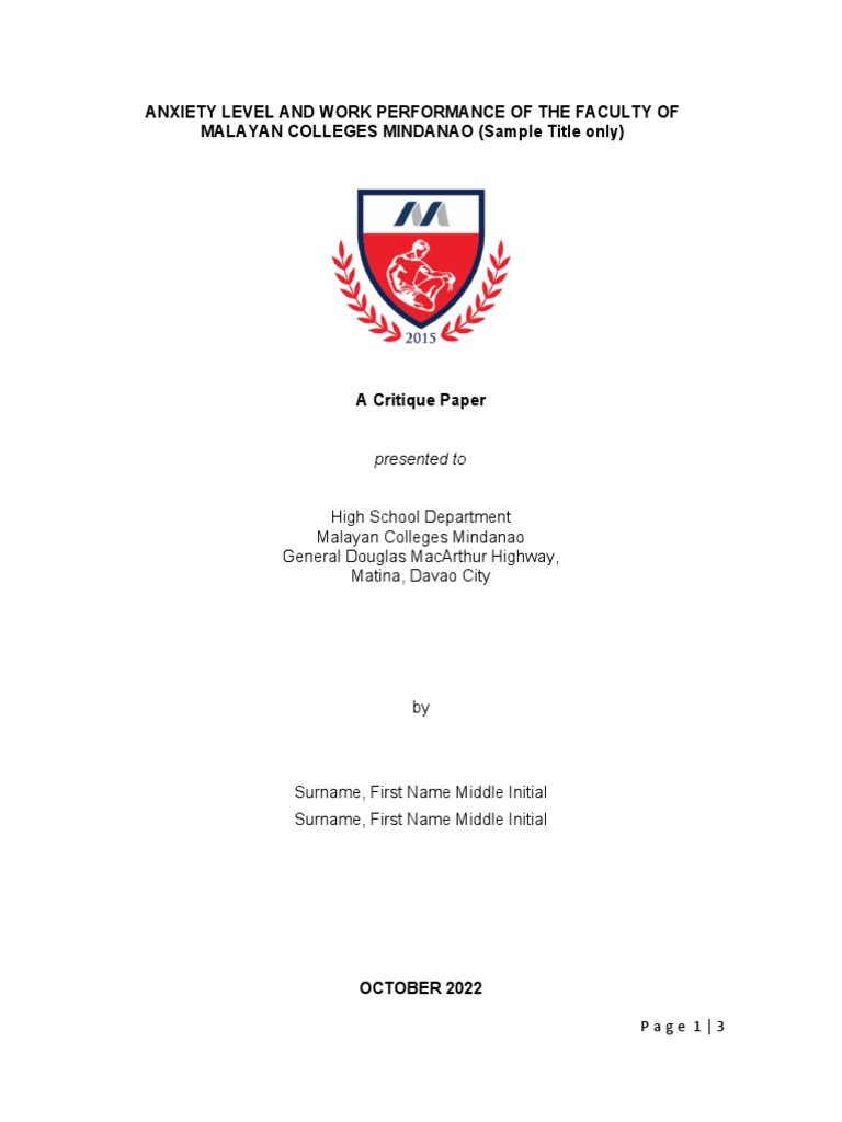 Critique Paper Template Pdf Evaluation Cognition