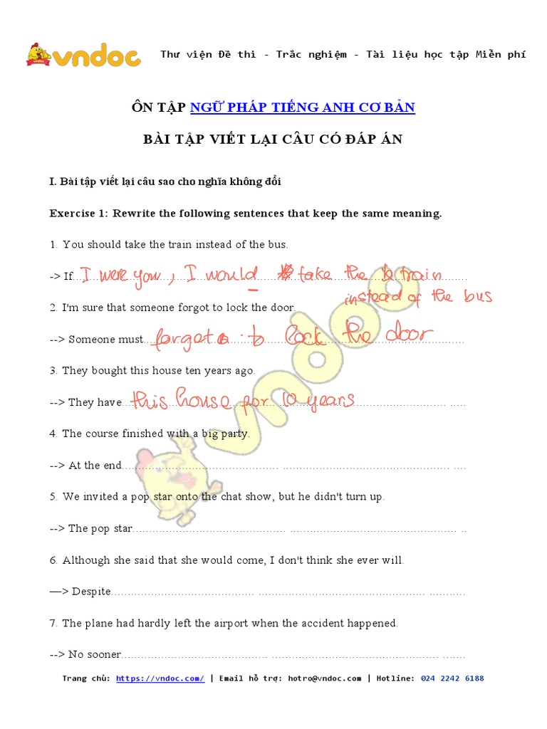 Bai Tap Viet Lai Cau Trong Tieng Anh Co Dap An | PDF | Vietnam