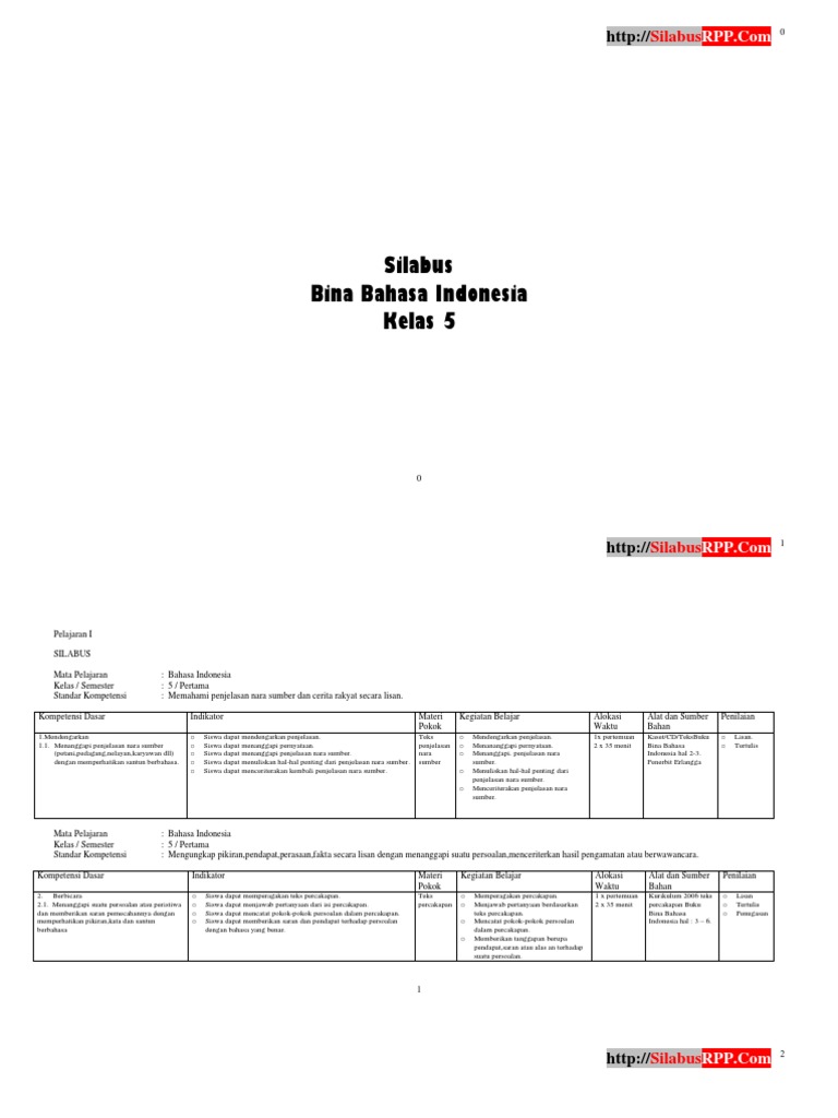 Silabus Bina Bahasa Indonesia Kelas 5 | PDF
