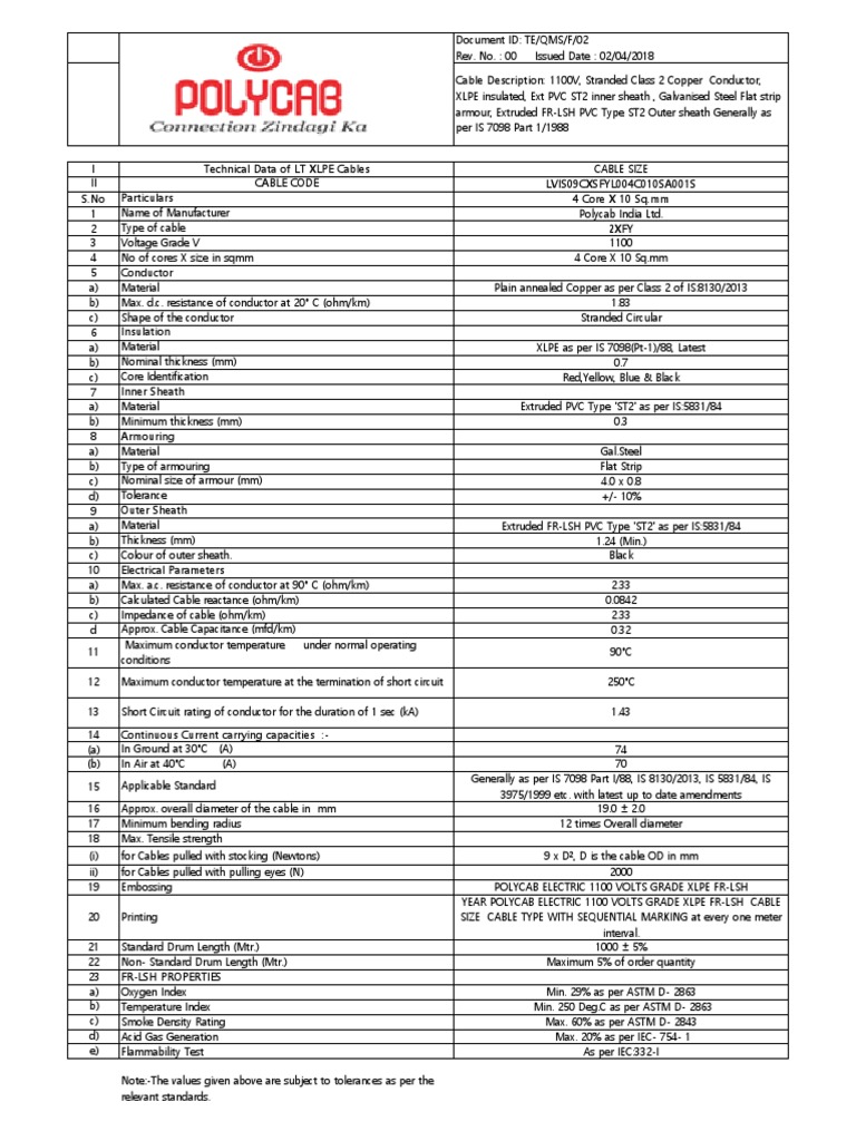 XLPE Cable Technical Specifications | PDF | Electrical Conductor ...