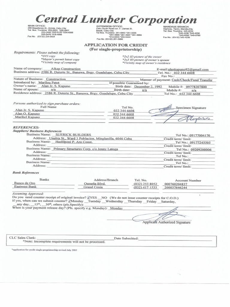 CLC Credit Application Form | PDF