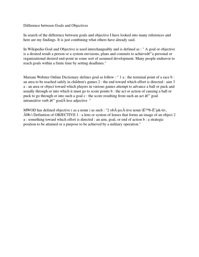 Difference Between Goals and Objectives (Wikipedia and Mariam Webster ...