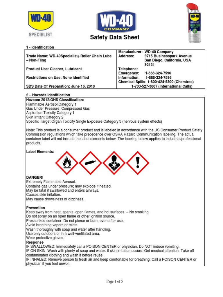 WD 40 Specialist Roller Chain Lube Us Ghs Sds PDF Firefighting Combustion