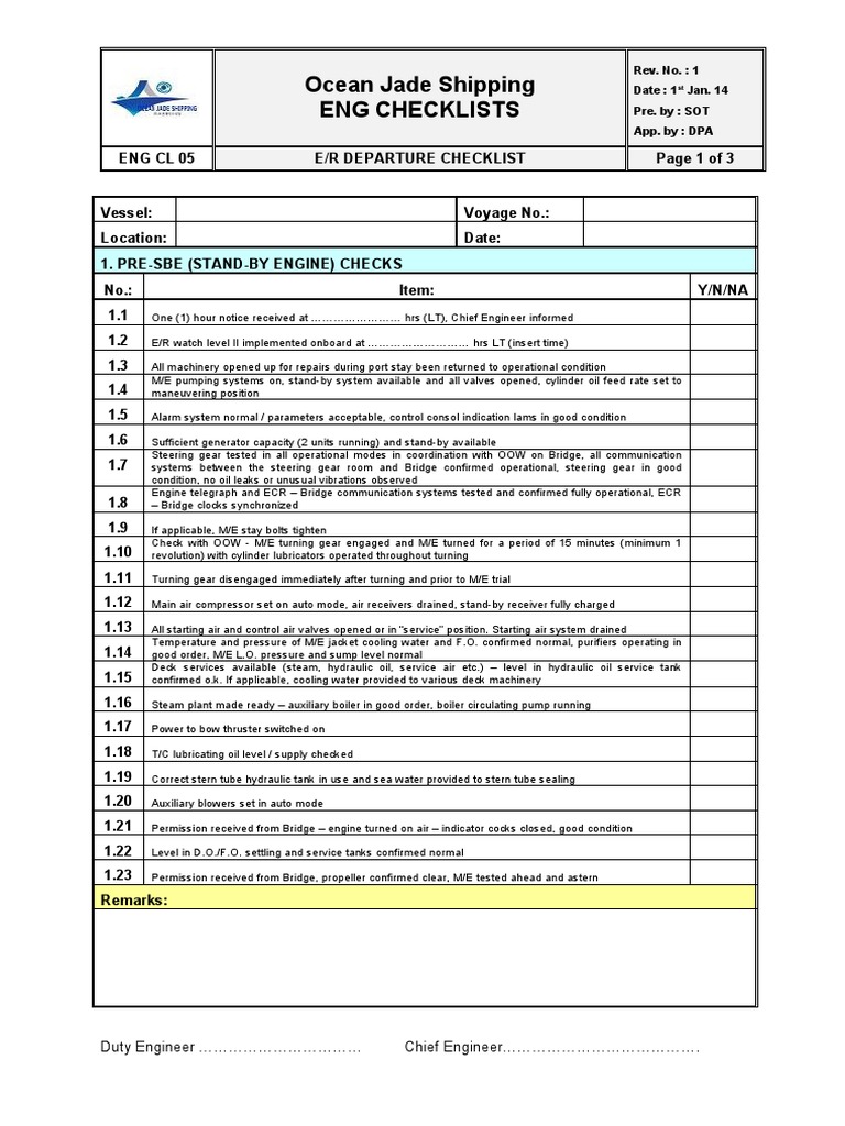 Engine Room Departure Checklist | PDF