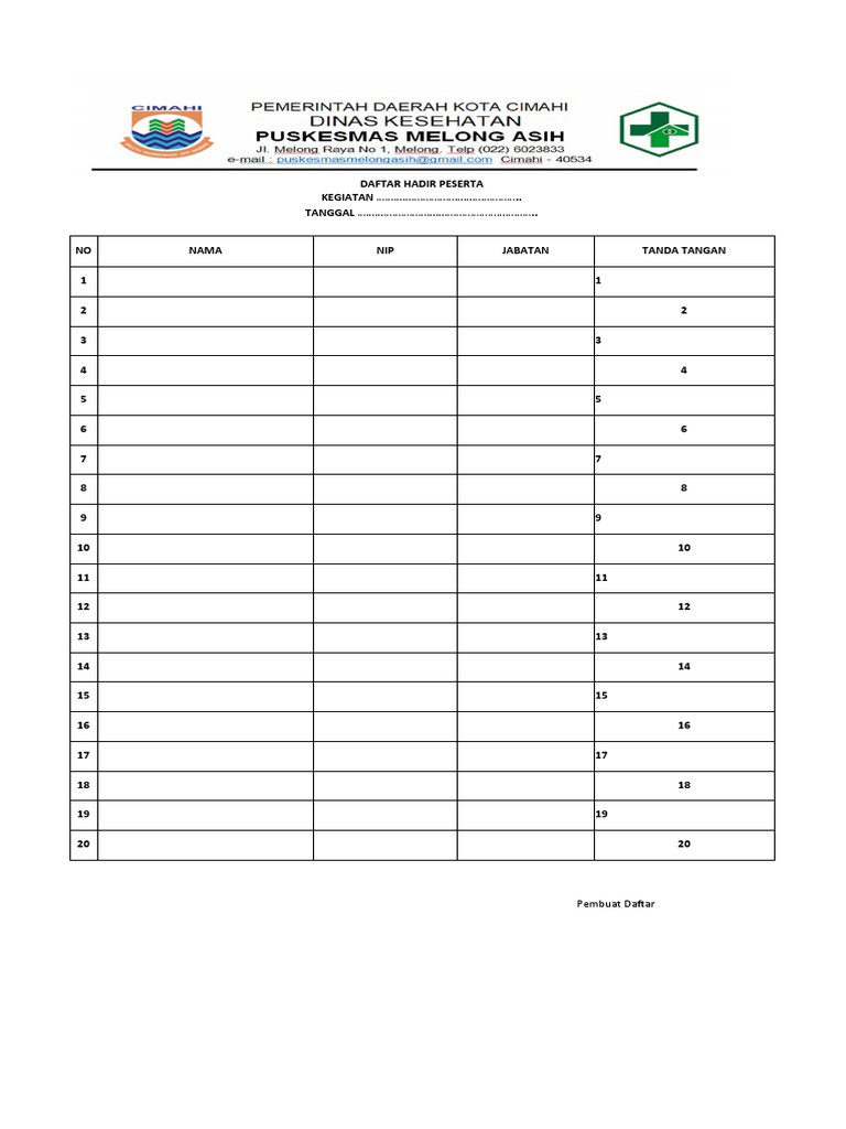 Format Daftar Hadir 20 | PDF