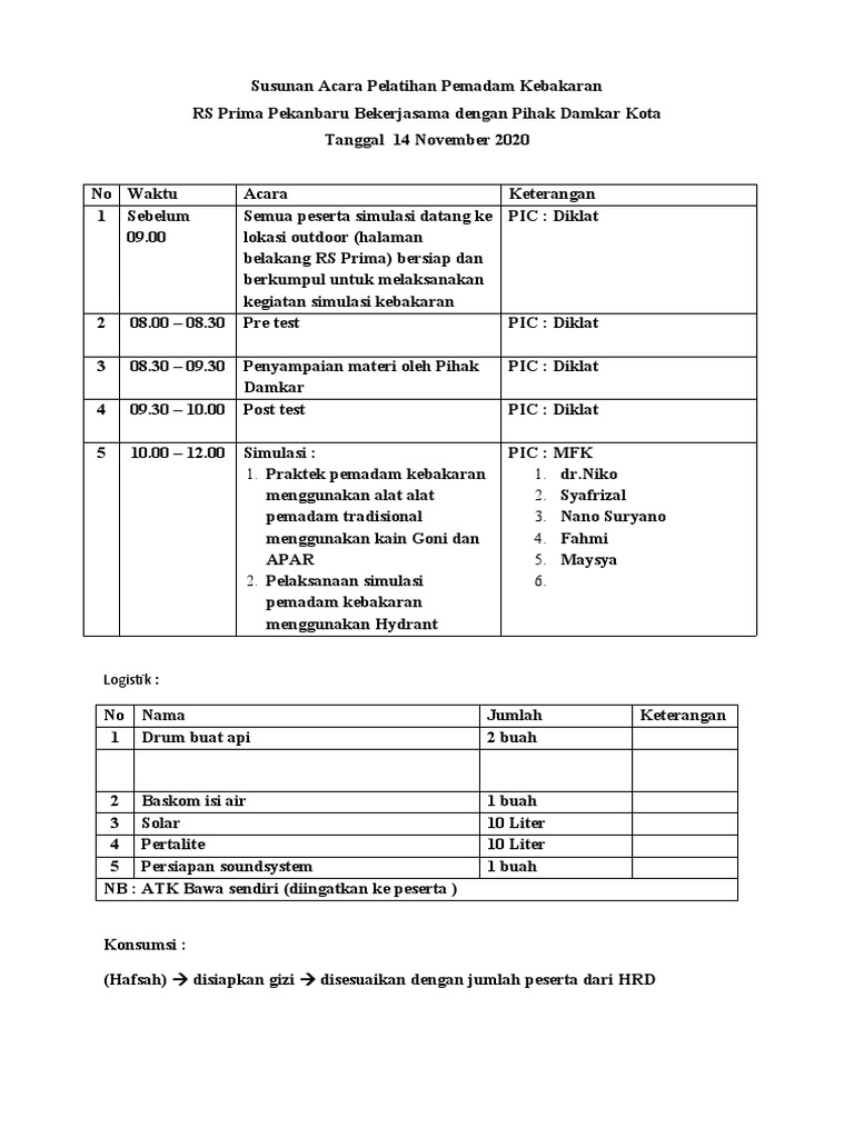 Susunan Acara Simulasi Pelatihan Pemadam Kebakaran RS Prima Pekanbaru ...